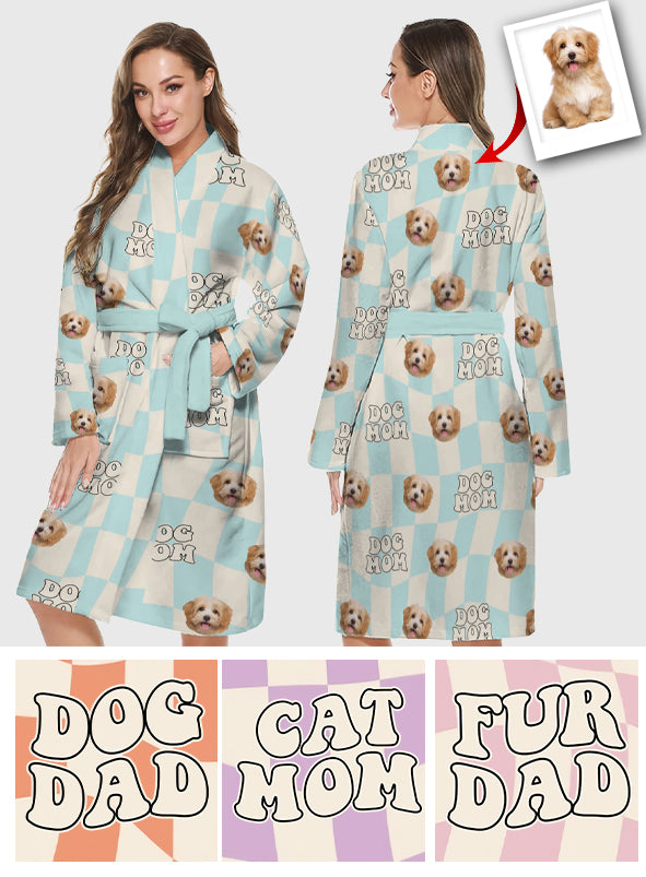 Peignoir kimono pyjama personnalisé à carreaux ondulés - Cadeau amusant pour les amoureux des chiens et des chats