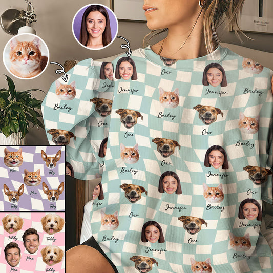 Pull moche personnalisé pour chat - Téléchargez n'importe quelle photo sur un motif à carreaux avec de nombreuses couleurs de fond -