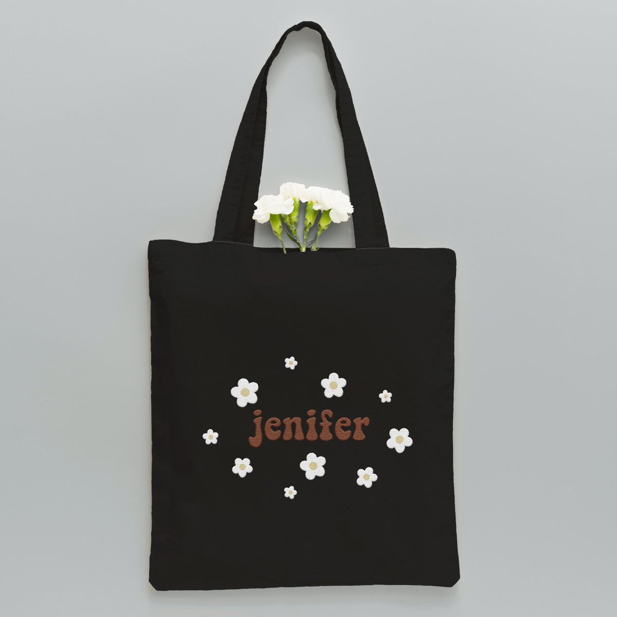 Personalisierte Tragetasche mit Namensstickerei und Blume – Bestickte Tasche für die Tochter