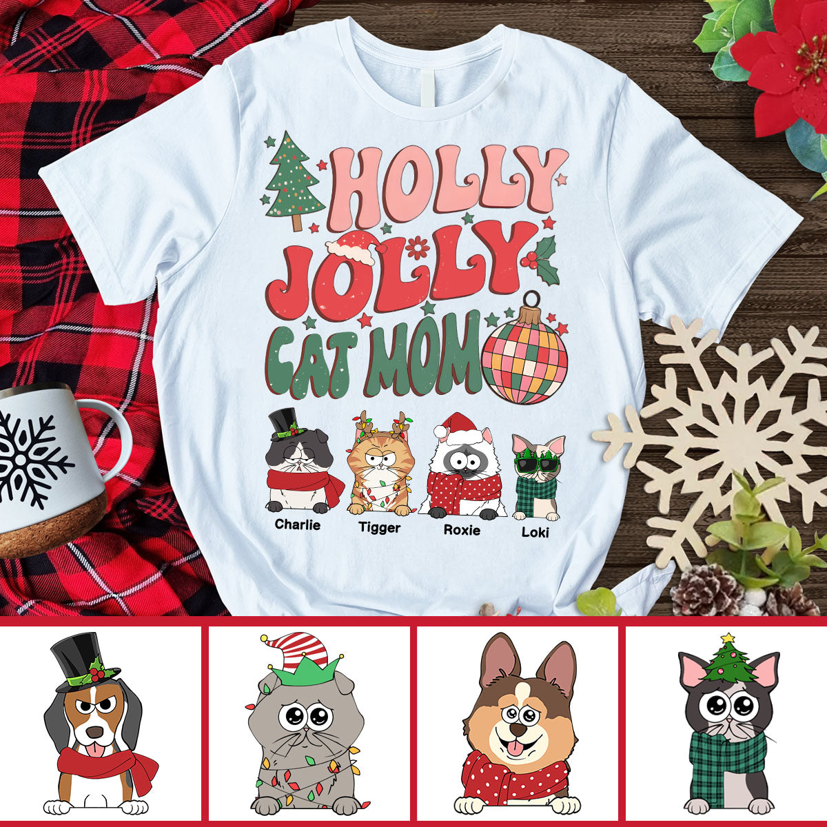 Maman chat/maman chien - T-shirt et sweat à capuche personnalisés pour chat Holly Jolly