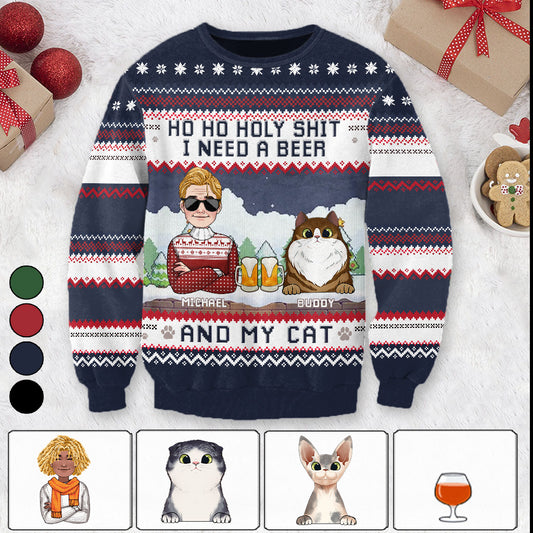 J'ai besoin de bière et de mon chat - Pull moche personnalisé pour chat