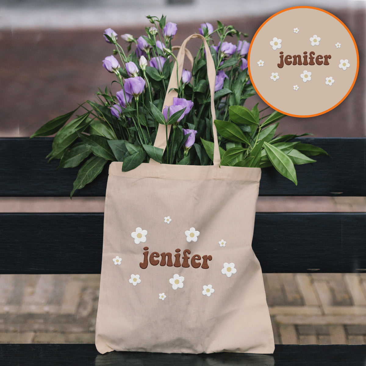 Sac fourre-tout brodé personnalisé avec nom et fleur - Nom personnalisé pour tante