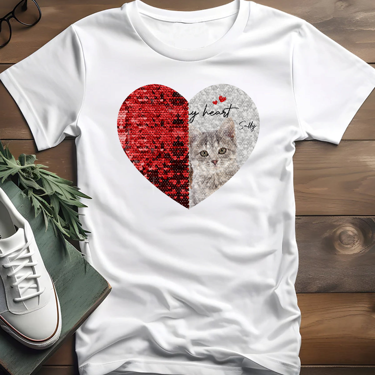 T-shirt à sequins personnalisé avec photo de chien et chat « Pour toujours dans mon cœur » - Cadeau idéal pour les amoureux des chiens et des chats