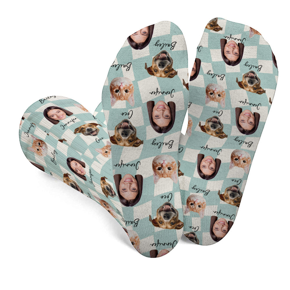 Any Photo Upload On Plaid Pattern With Many Background Color - Personalized Cat Socks