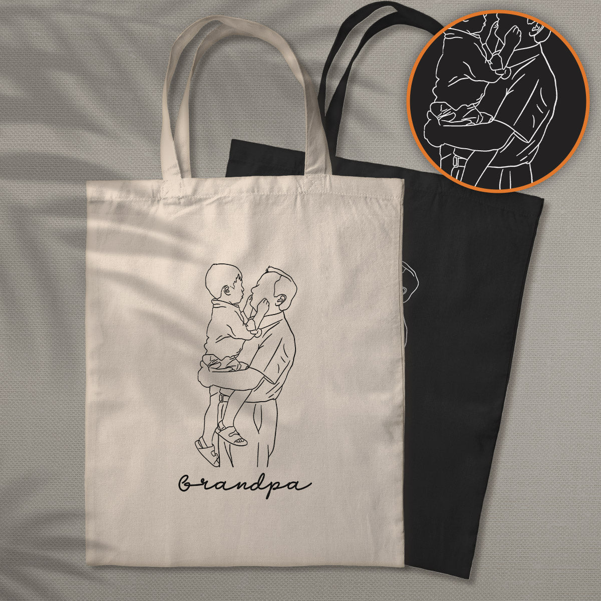 Custom Photo Line Art - Personalized Grandpa Embroidered Tote Bag