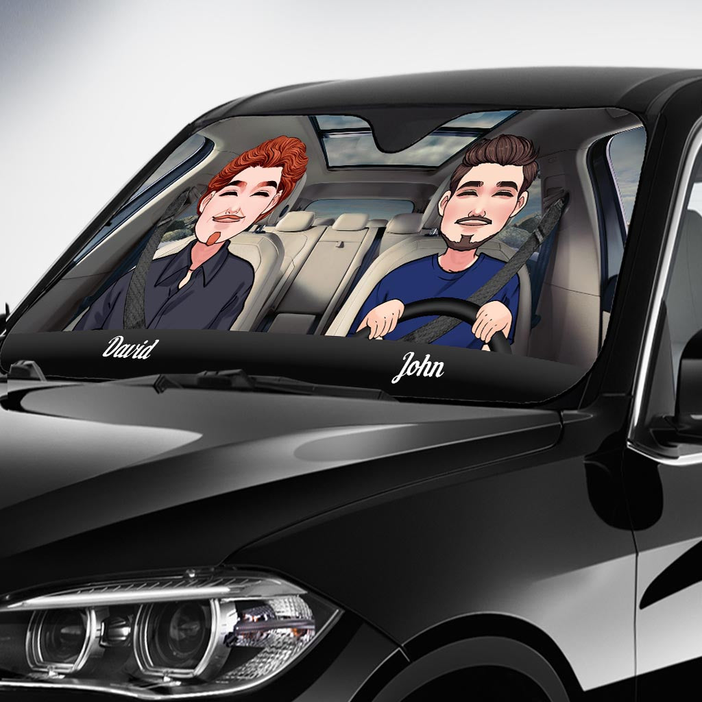 Adventure Awaits - Husband And Wife gift for wife, husband, girlfriend, boyfriend, mom, dad - Personalized Car Sunshade