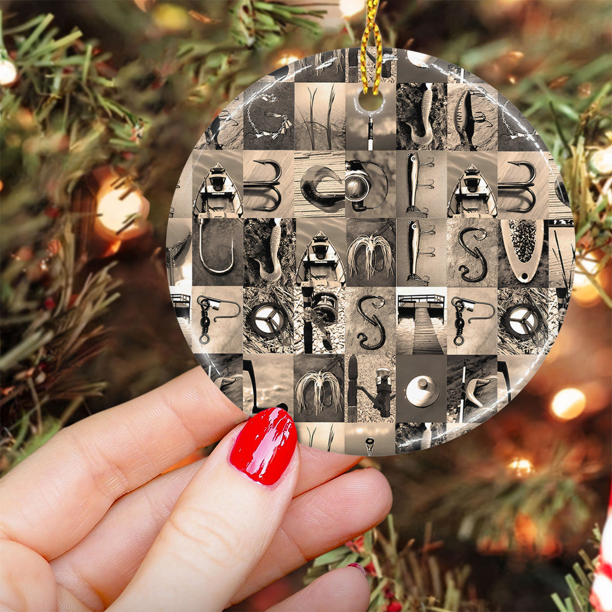 Alphabet de pêche vintage - Ornement rond en céramique personnalisé sur le thème de la pêche