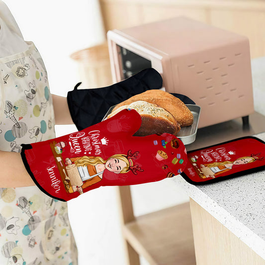 Christmas Baking Queen - Personalized Baking Oven Mitts & Pot Holder Set