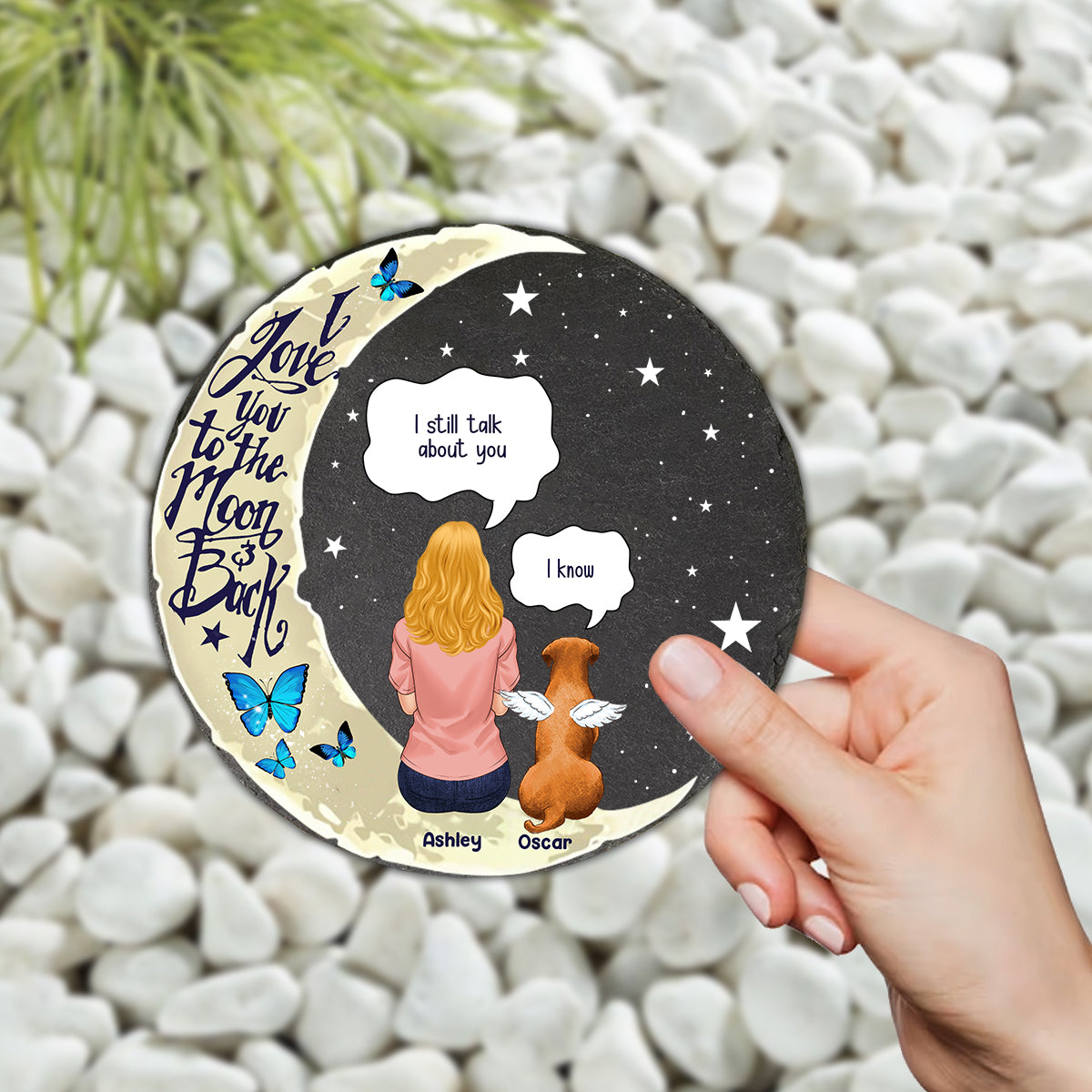 Je t'aime jusqu'à la lune et retour - Pierre ronde personnalisée pour chien