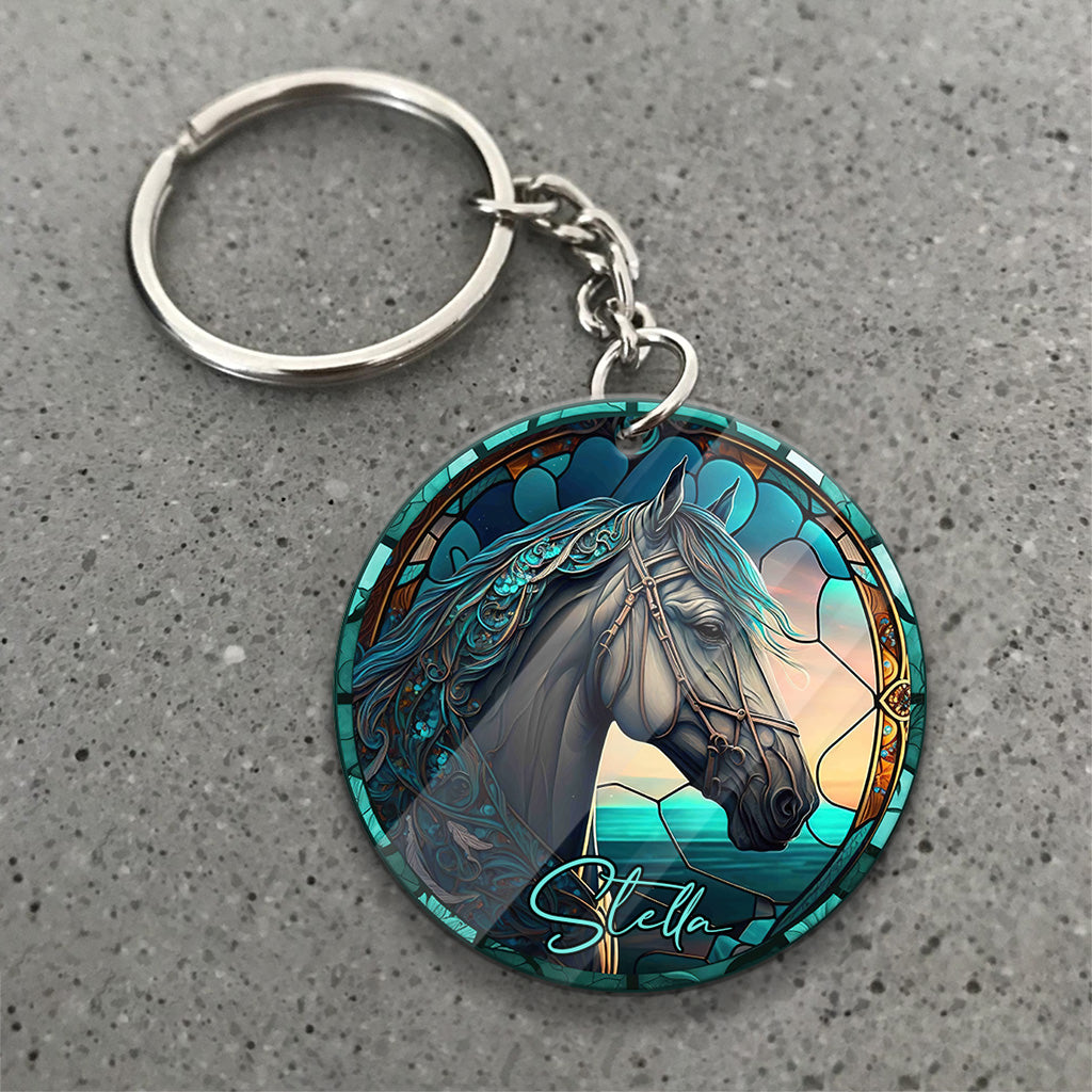 Stained Glass Horse - Personalized Horse Keychain (Printed On Both Sides)