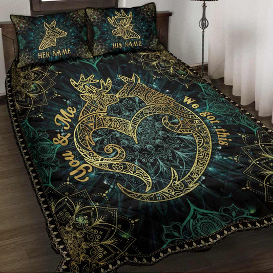 Du und ich, wir schaffen das! Hirschpaar-Mandala – Personalisiertes Jagd-Quilt-Set