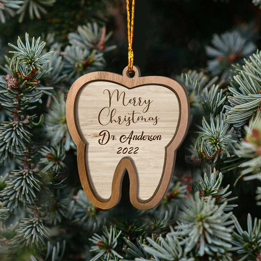 Joyeux Noël - Ornement en bois personnalisé « Dent » avec motif de dentiste