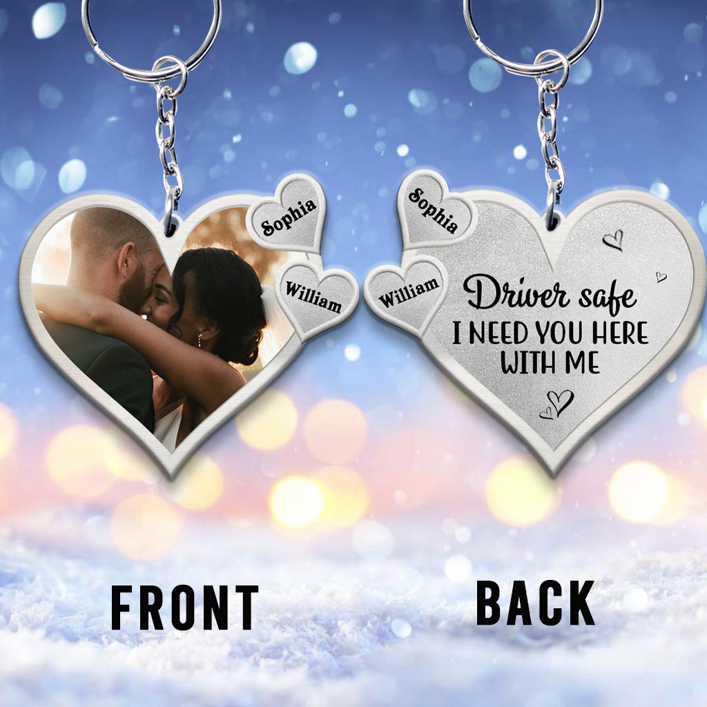 Drive Safe - Personalized Metal Pattern Print Couple Keychain (Printed On Both Sides)
