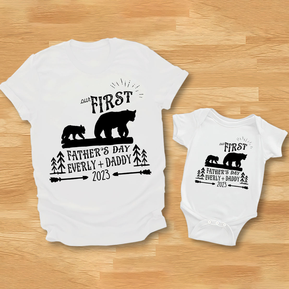 First Father's Day - Personalized Father T-shirt And Baby Onesie