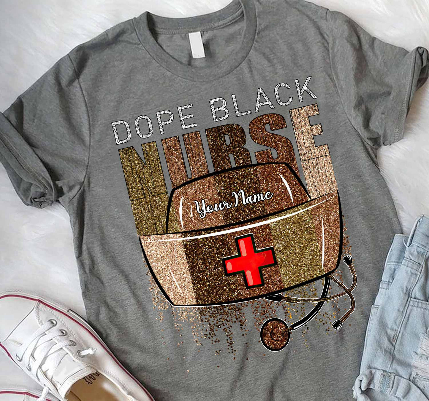 Cooles schwarzes Krankenschwester-Shirt – personalisiertes T-Shirt und Hoodie mit Glitzer-Imitat-Musterdruck