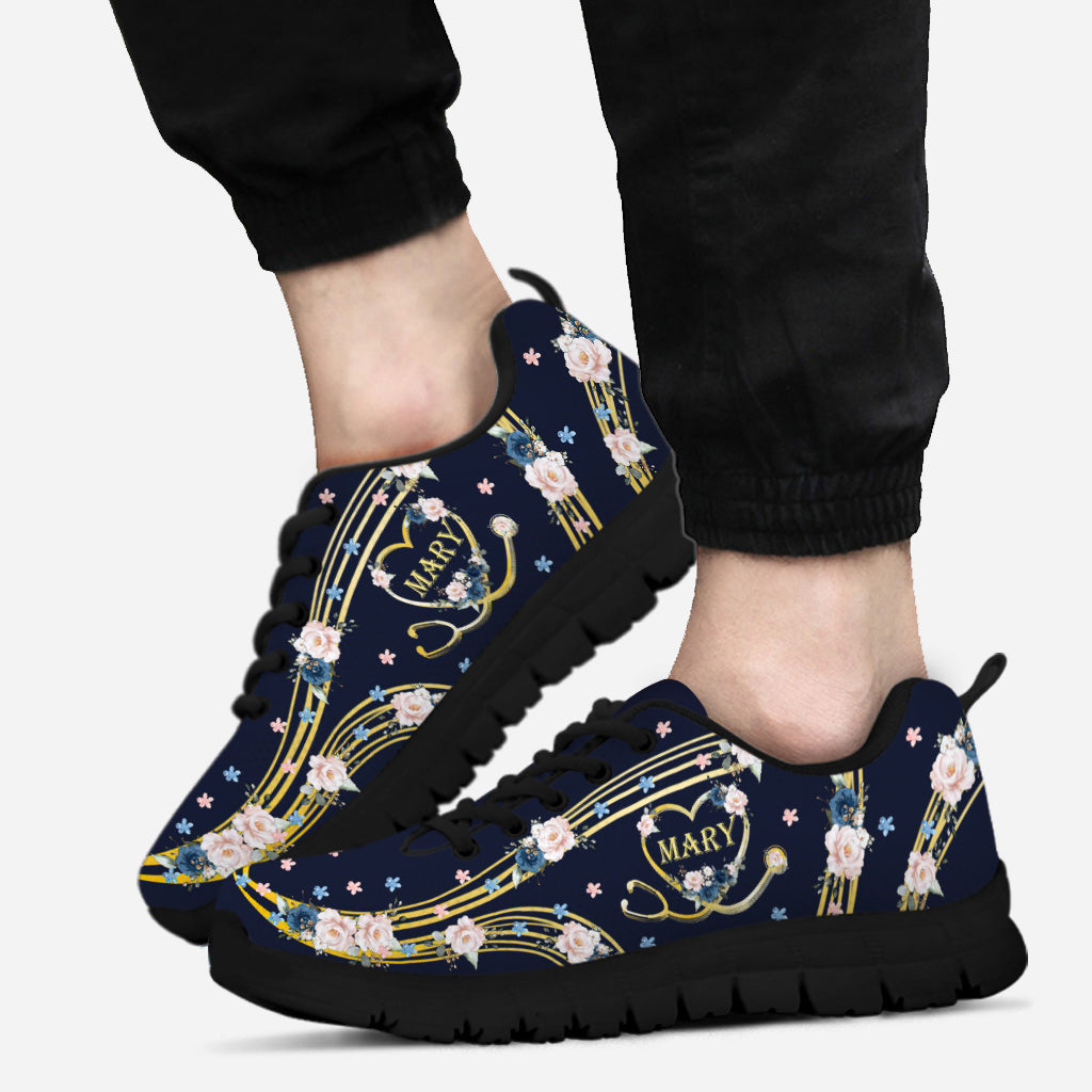 Nurse Proud Heart Stethoscope Blue Roses - Personalized Nurse Sneakers