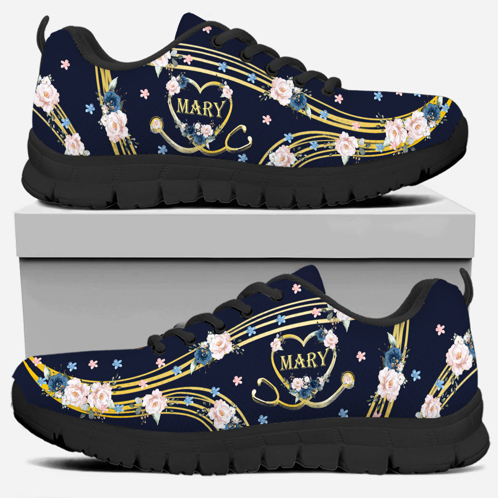 Nurse Proud Heart Stethoscope Blue Roses - Personalized Nurse Sneakers