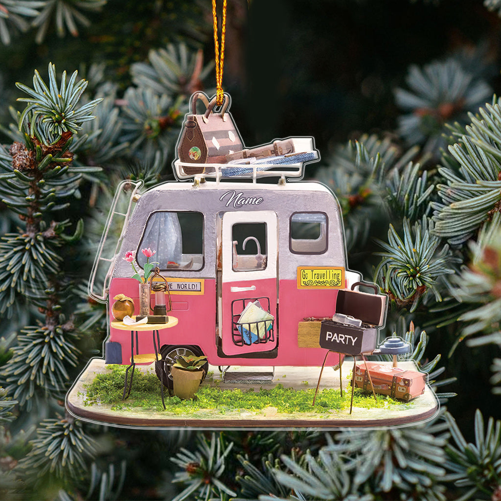 Fröhlicher Camper – Personalisierter transparenter Weihnachtsschmuck zum Thema Camping –