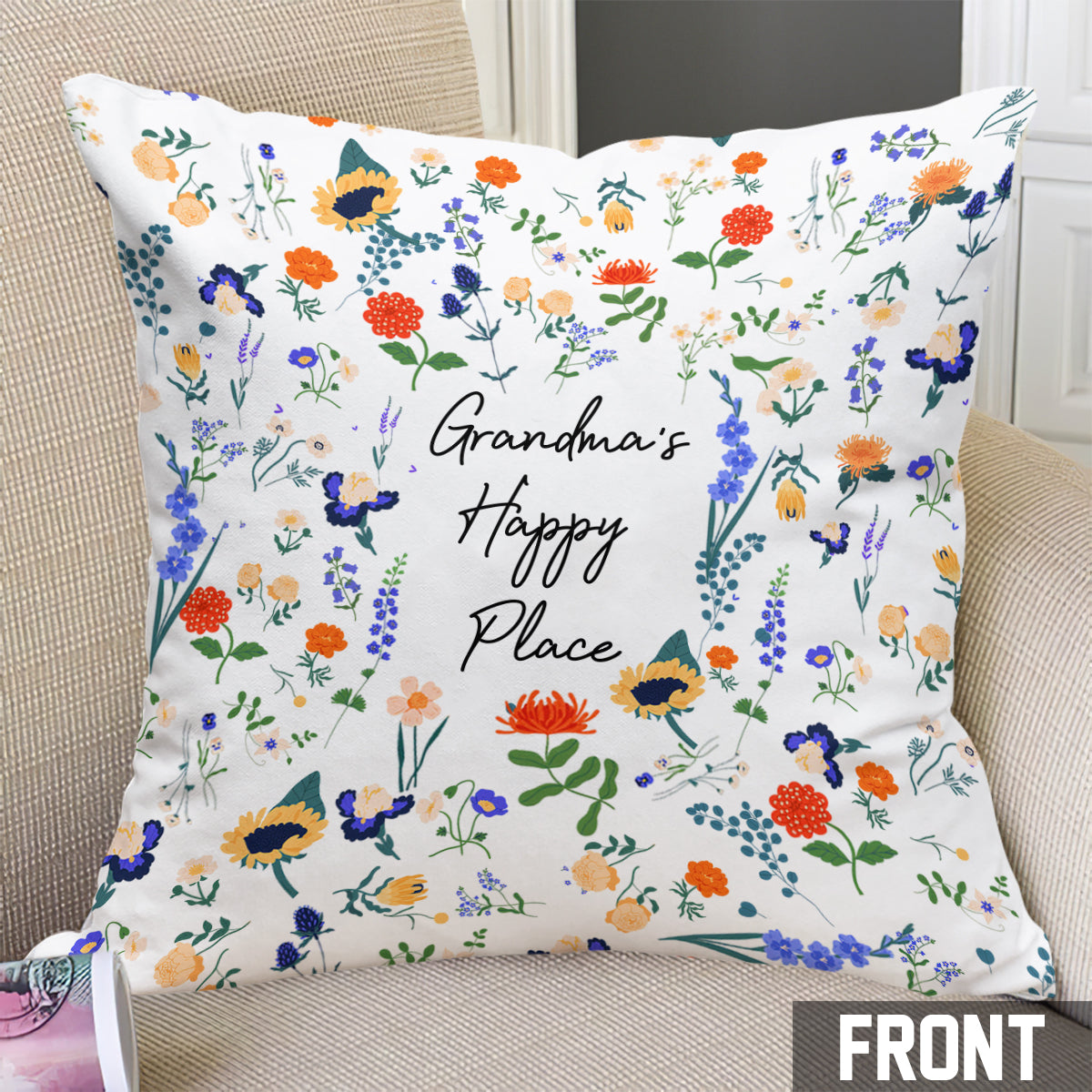 Any Title 's Happy Place Botanical Floral Style - Personalized Grandma Throw Pillow