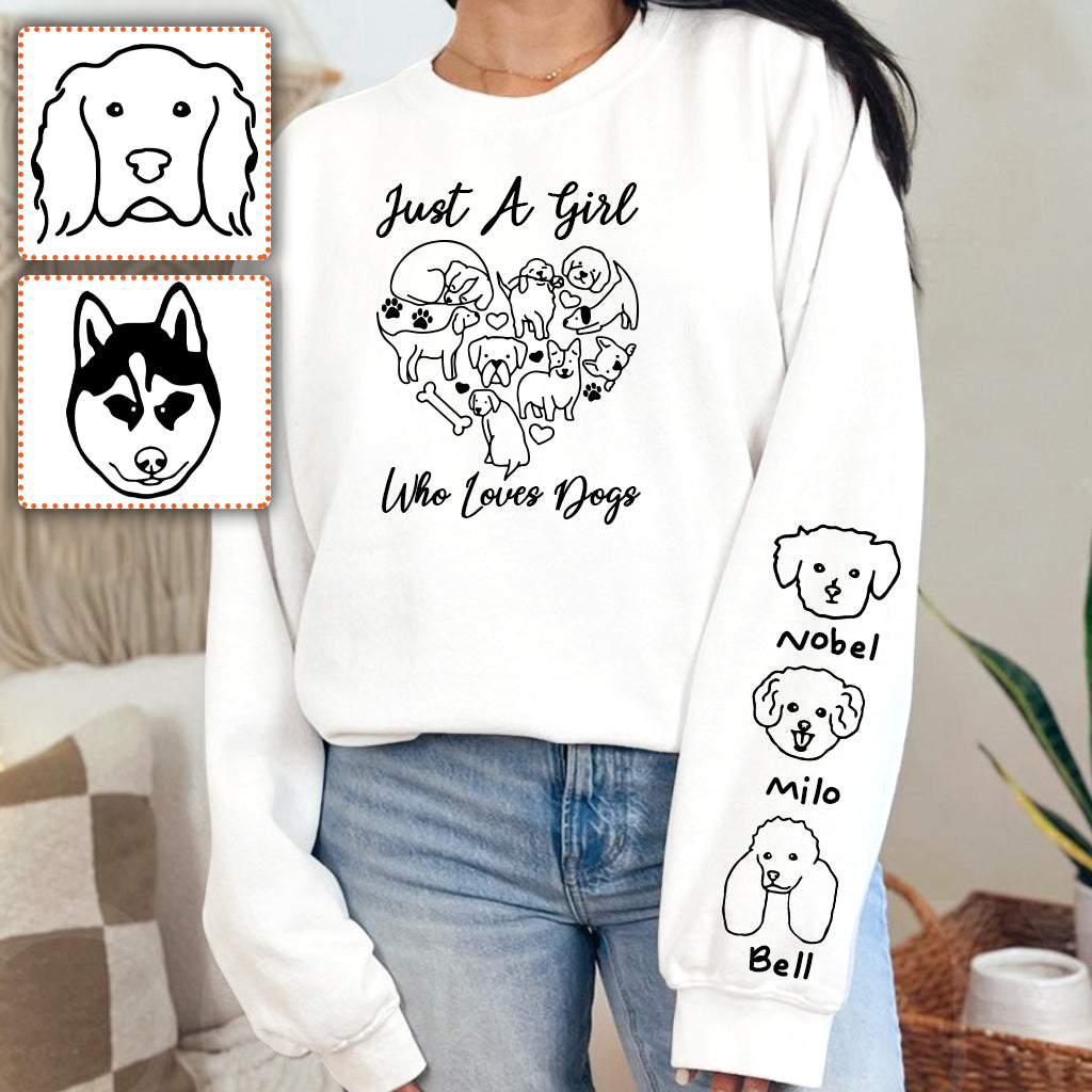 T-shirt personnalisé « Juste une fille qui aime les chiens » avec un motif de chien sur toute la surface