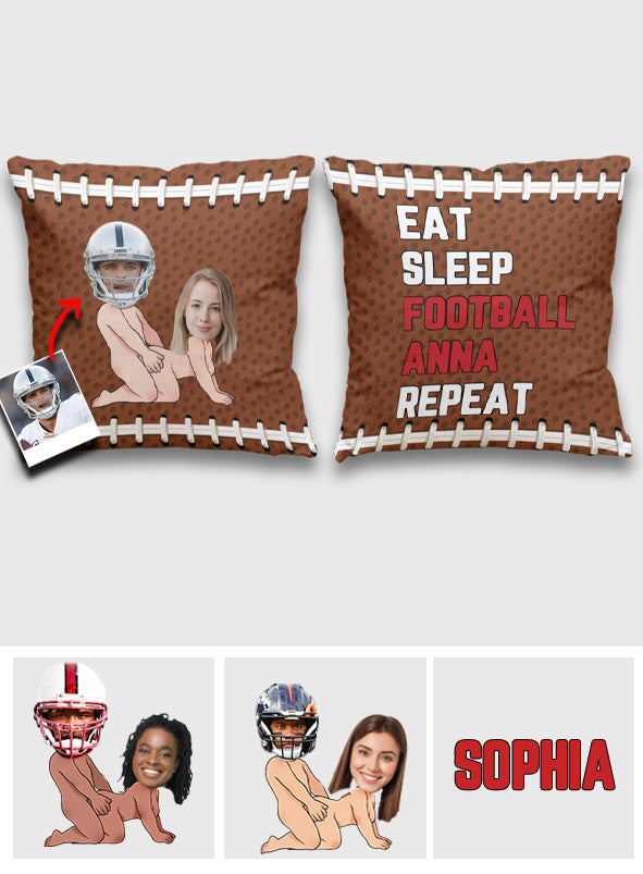 Manger, dormir, jouer au football, et on recommence ! - Coussin décoratif de football personnalisé