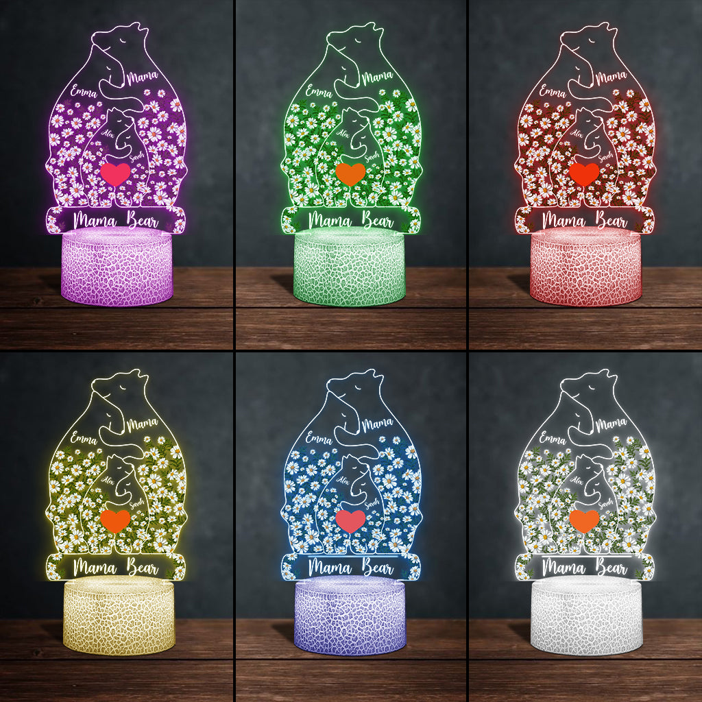Floral Mama Bear And Cubs Hugging - Personalized Mother Shaped Plaque Light Base