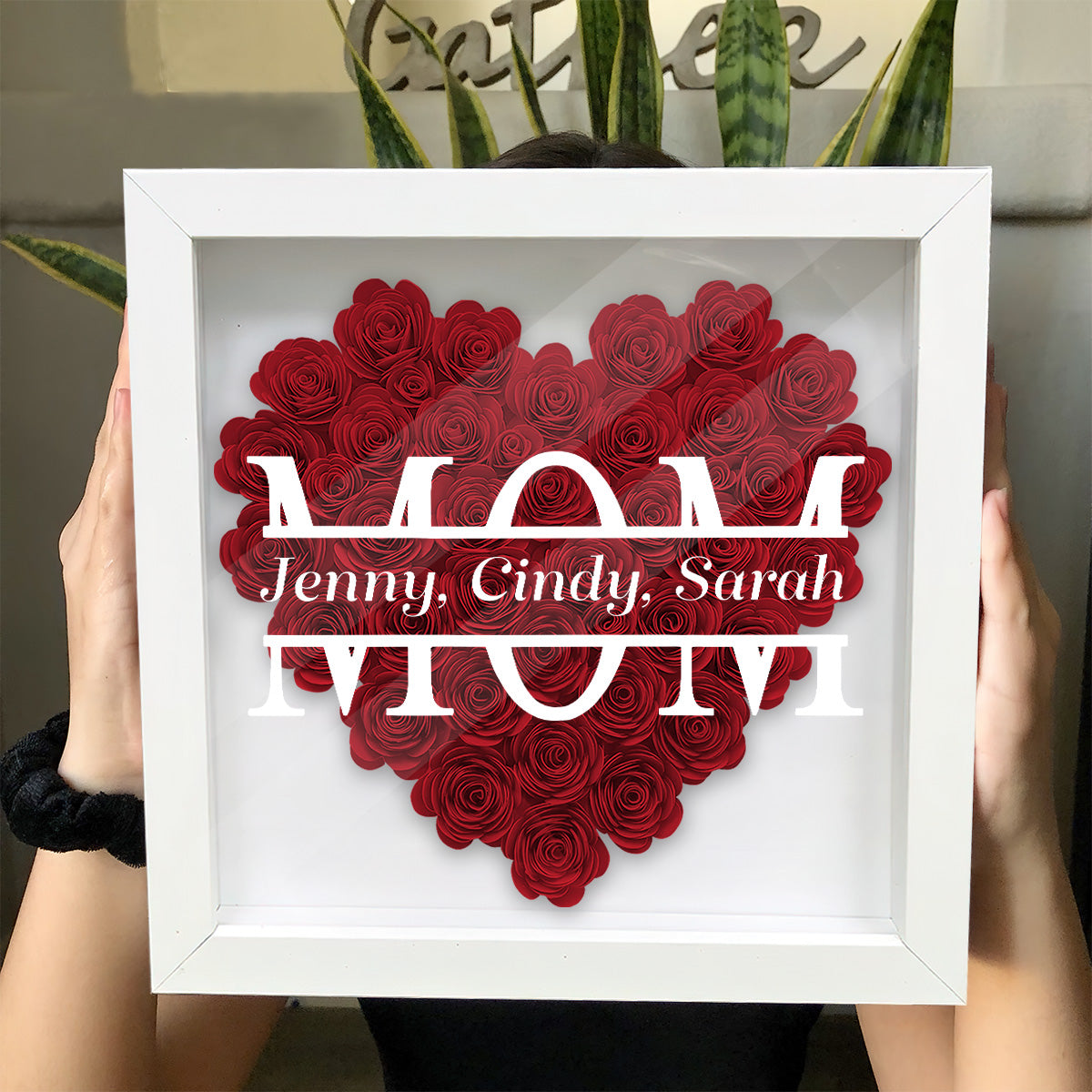 Mom We Love You Rose Heart - Personalized Mother Flower Shadow Box