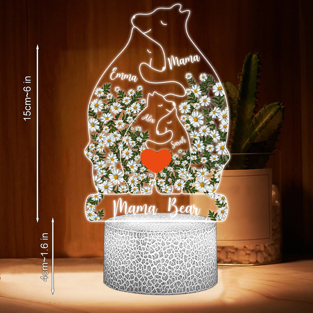 Floral Mama Bear And Cubs Hugging - Personalized Mother Shaped Plaque Light Base