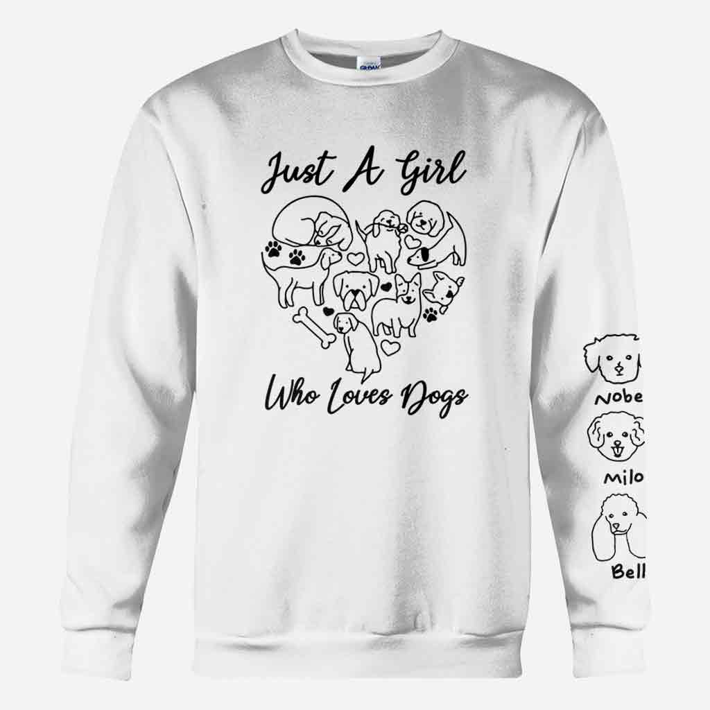 T-shirt personnalisé « Juste une fille qui aime les chiens » avec un motif de chien sur toute la surface