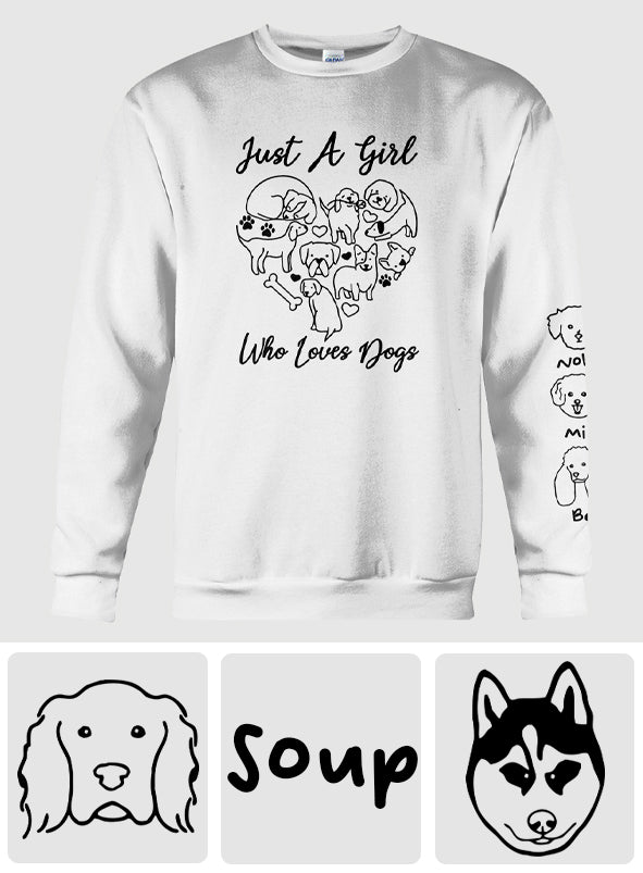 T-shirt personnalisé « Juste une fille qui aime les chiens » avec un motif de chien sur toute la surface