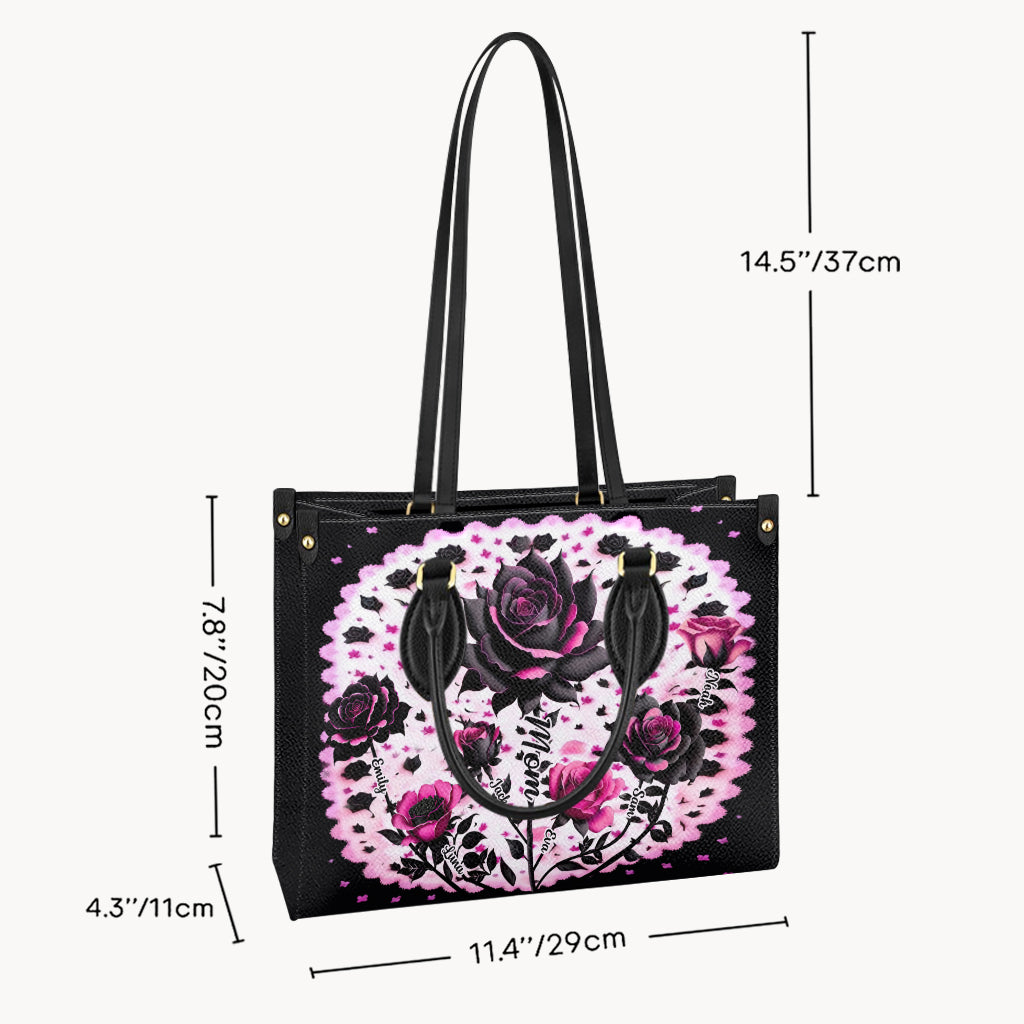 Mother Grandma And Children Black And Pink Roses - Personalized Mother Leather Handbag