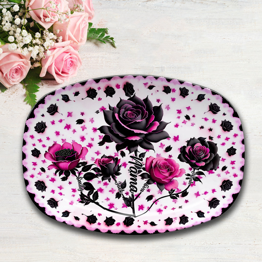 Mother Grandma And Children Black And Pink Roses - Personalized Grandma Plate