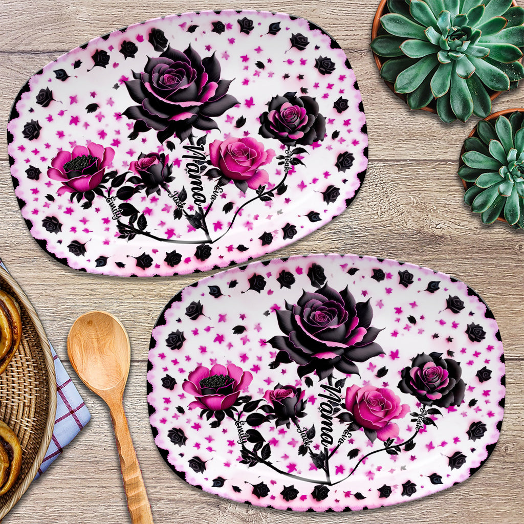 Mother Grandma And Children Black And Pink Roses - Personalized Grandma Plate