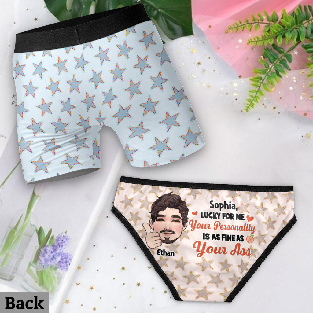 Lucky For Me Custom Portrait Couple - Personalized Couple Lace Border Women Briefs And Men’s Boxer Briefs