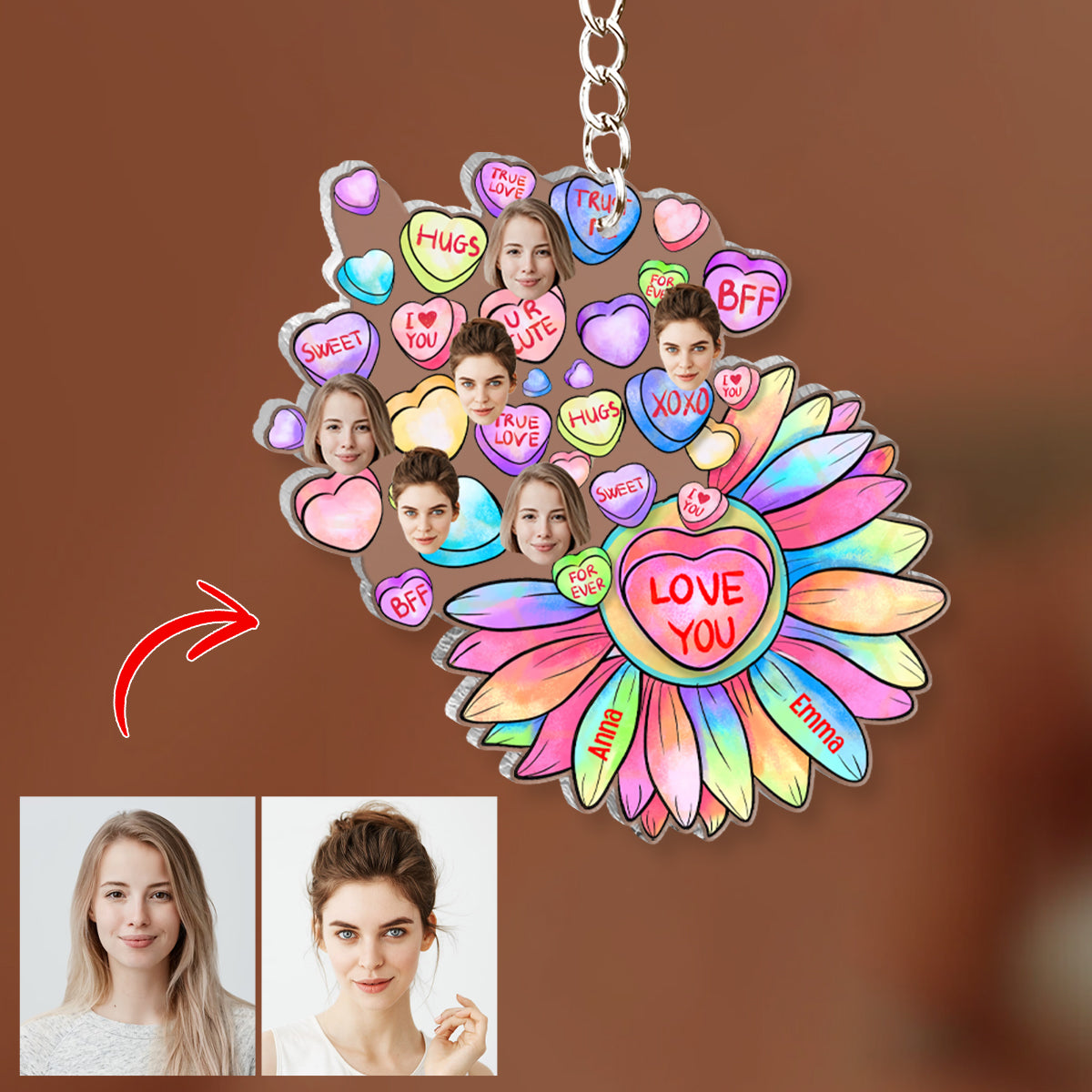 Heart Candy Flower BFF With Face Custom - Personalized Bestie Transparent Keychain