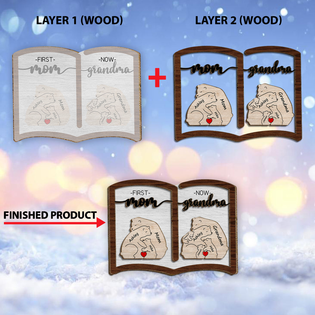 Première maman, maintenant grand-mère ours - Plaque en bois personnalisée à 2 couches « Grand-mère »