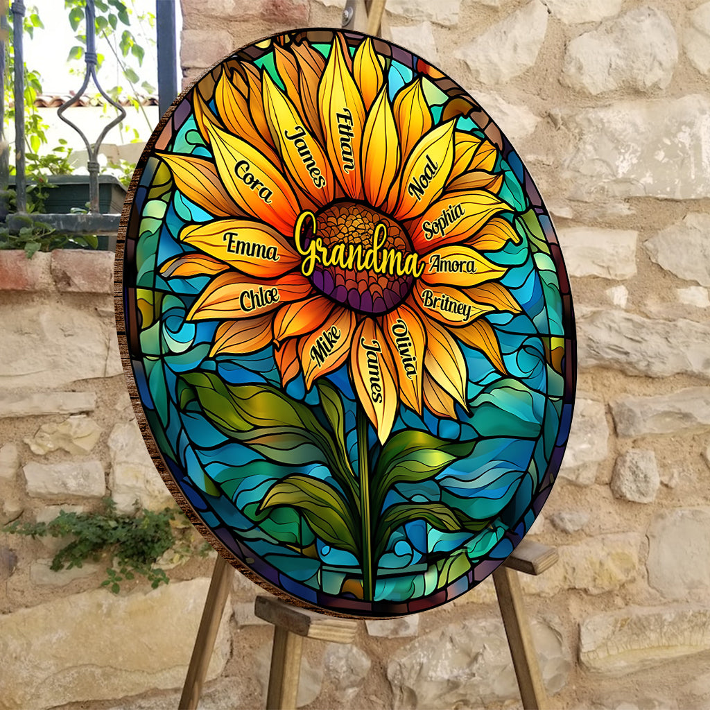 Stainglass Sunflower - Personalized Grandma Round Wood Sign