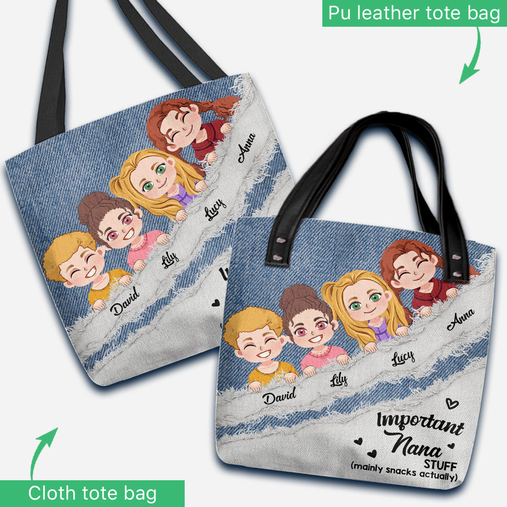 Important Nana Stuff Denim Pattern - Personalized Grandma Tote Bag