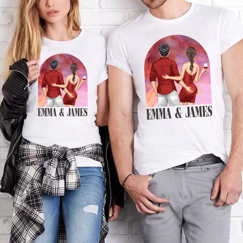 Pink Movie Background Couple - Personalized Couple T-shirt And Hoodie