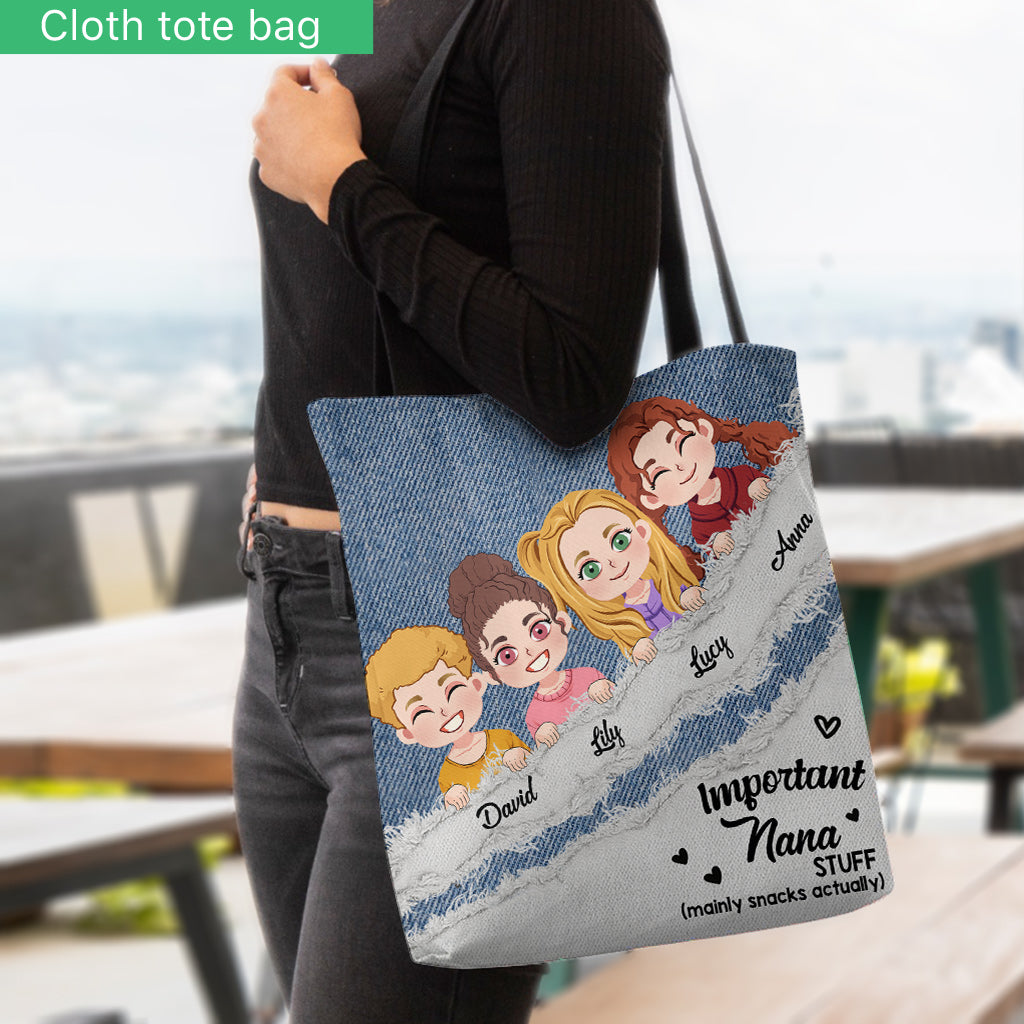 Important Nana Stuff Denim Pattern - Personalized Grandma Tote Bag
