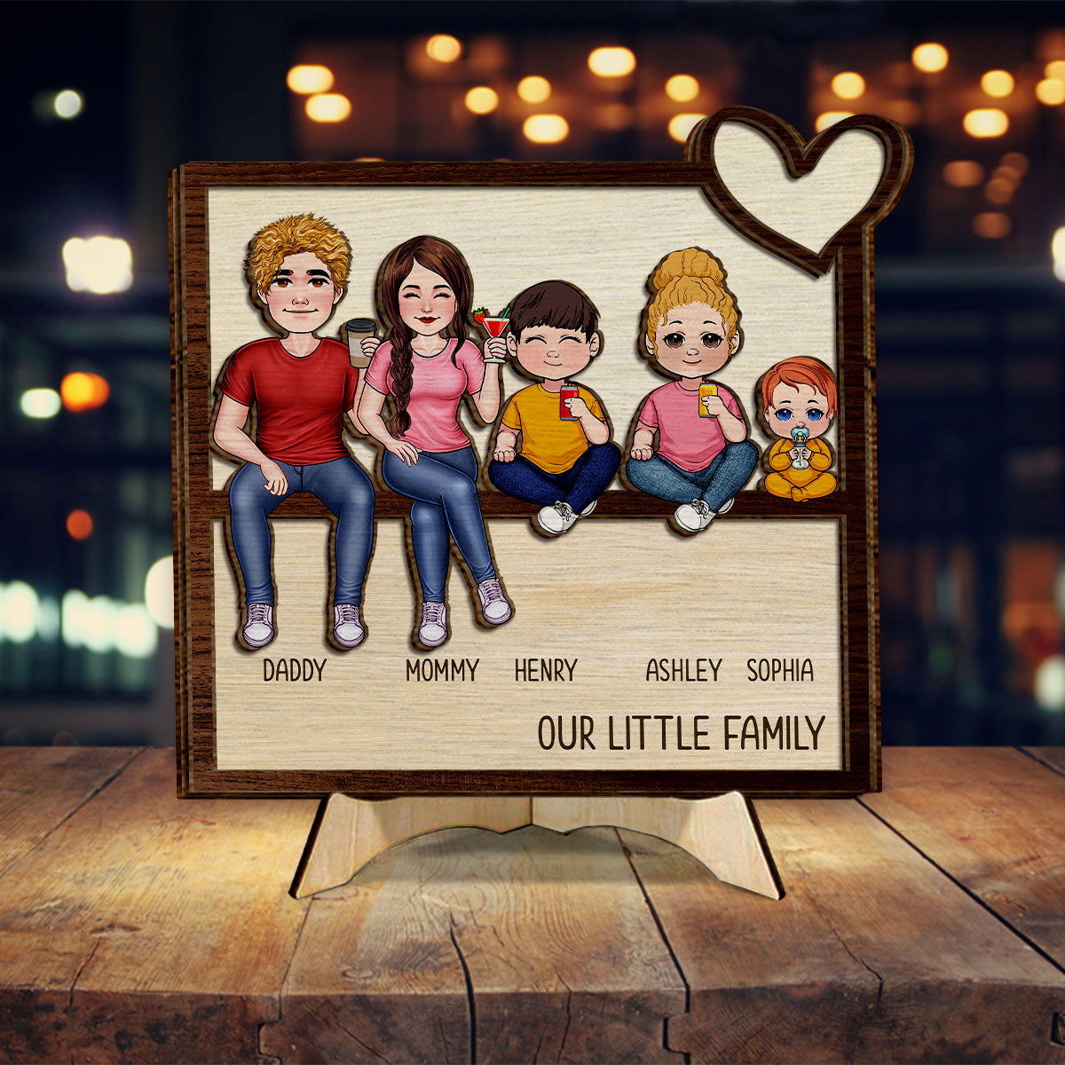 Unsere kleine Familie – Personalisiertes zweilagiges Holzschild / Holzplakette