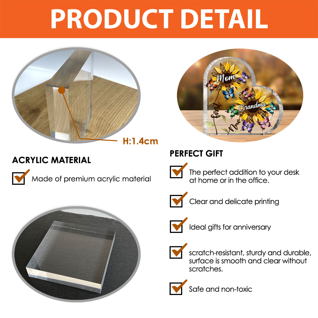 First Mom Now Grandma Sunflower Butterfly - Personalized Grandma Custom Shaped Acrylic Plaque