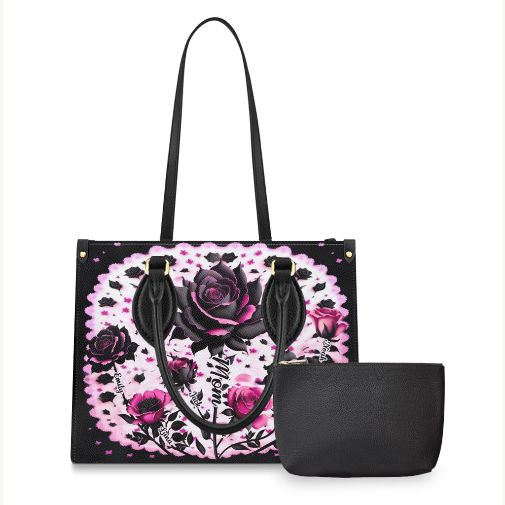 Mother Grandma And Children Black And Pink Roses - Personalized Mother Leather Handbag