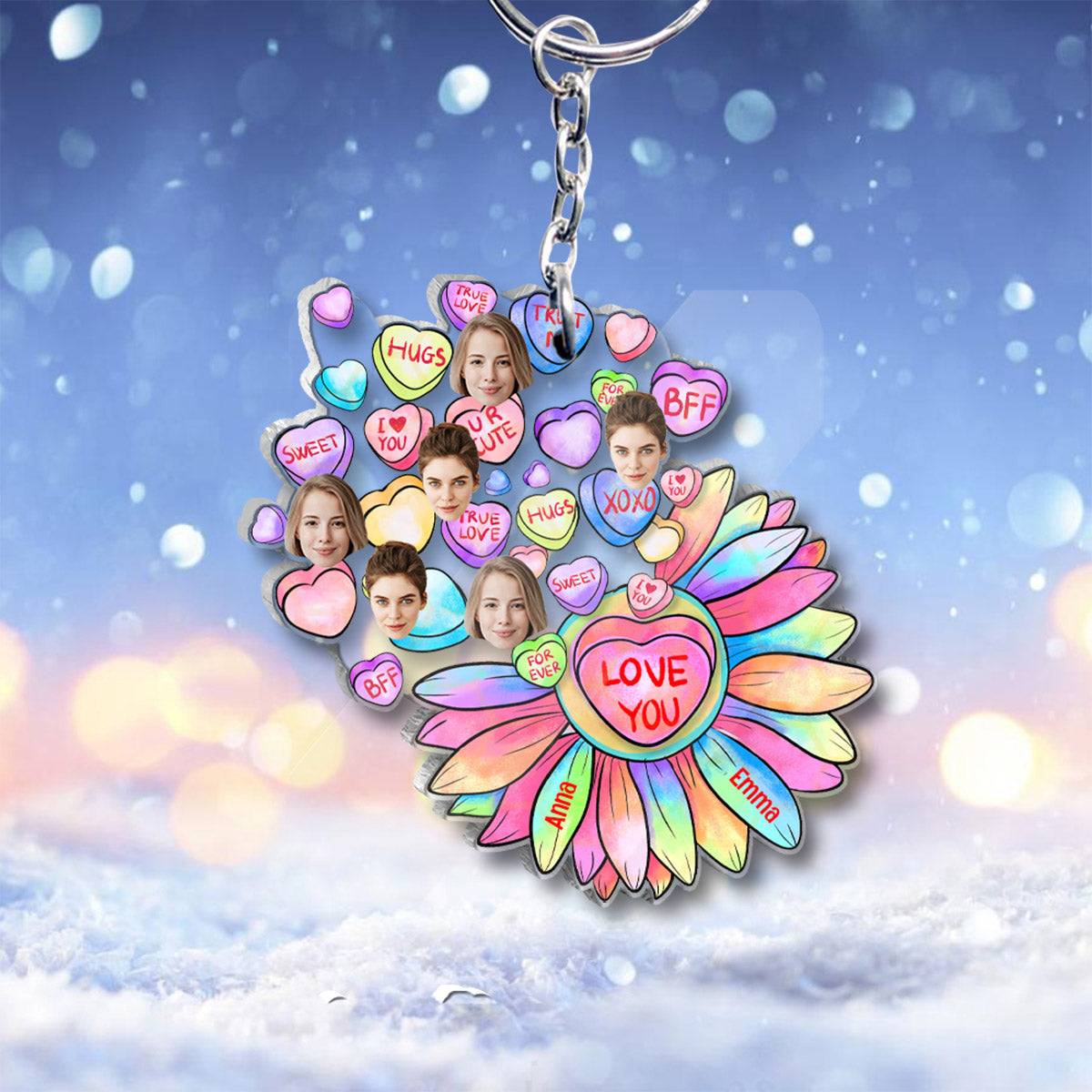 Heart Candy Flower BFF With Face Custom - Personalized Bestie Transparent Keychain