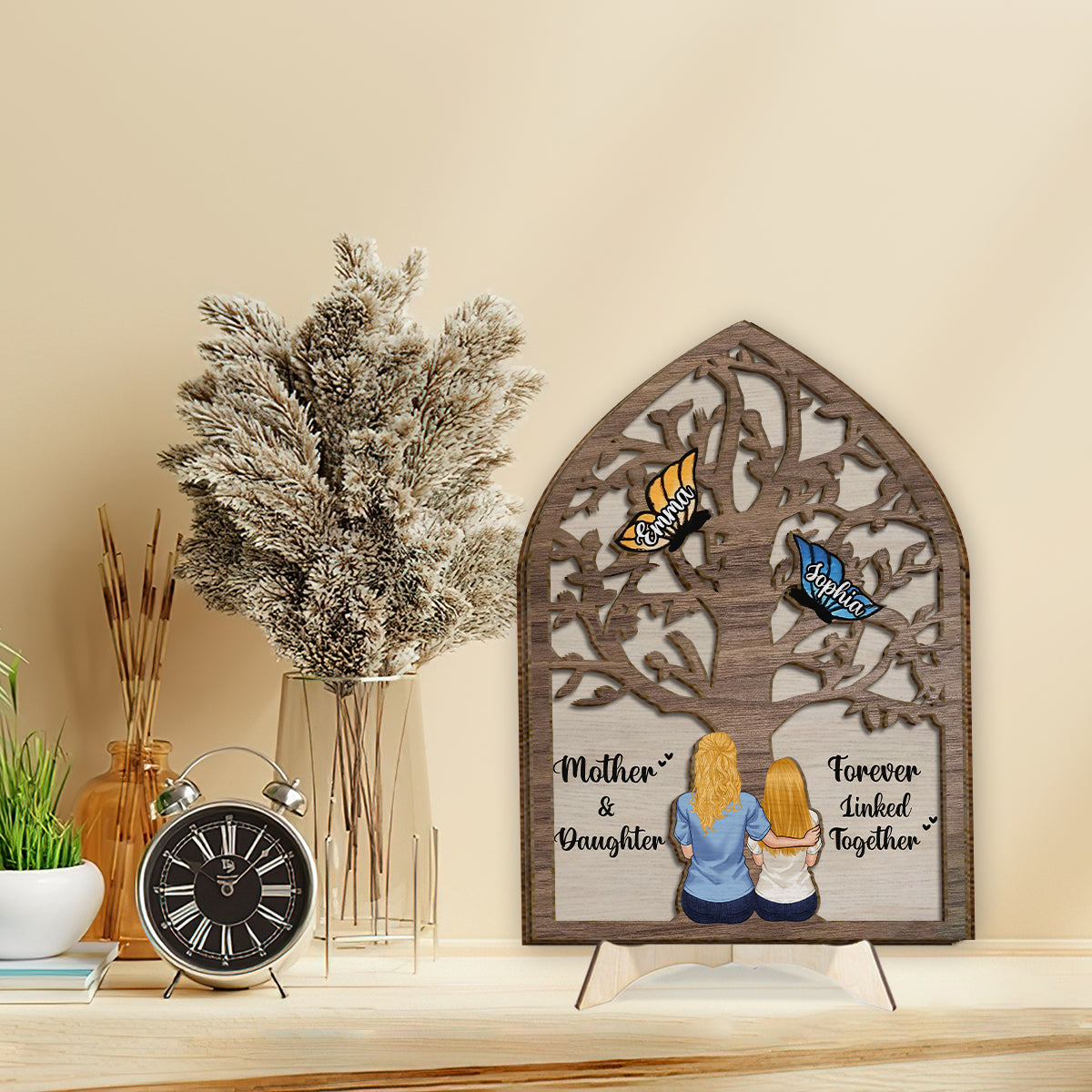 Mother And Daughter And Son Forever Linked Together Butterflies - Personalized Mother 2 Layered Wood Sign / Wood Plaque