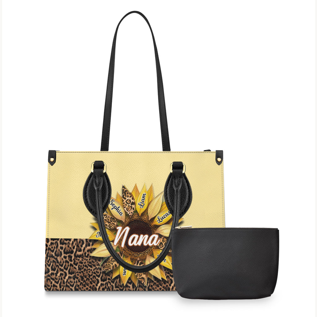 Nana Mom Auntie Family Sunflower - Personalized Grandma Leather Handbag
