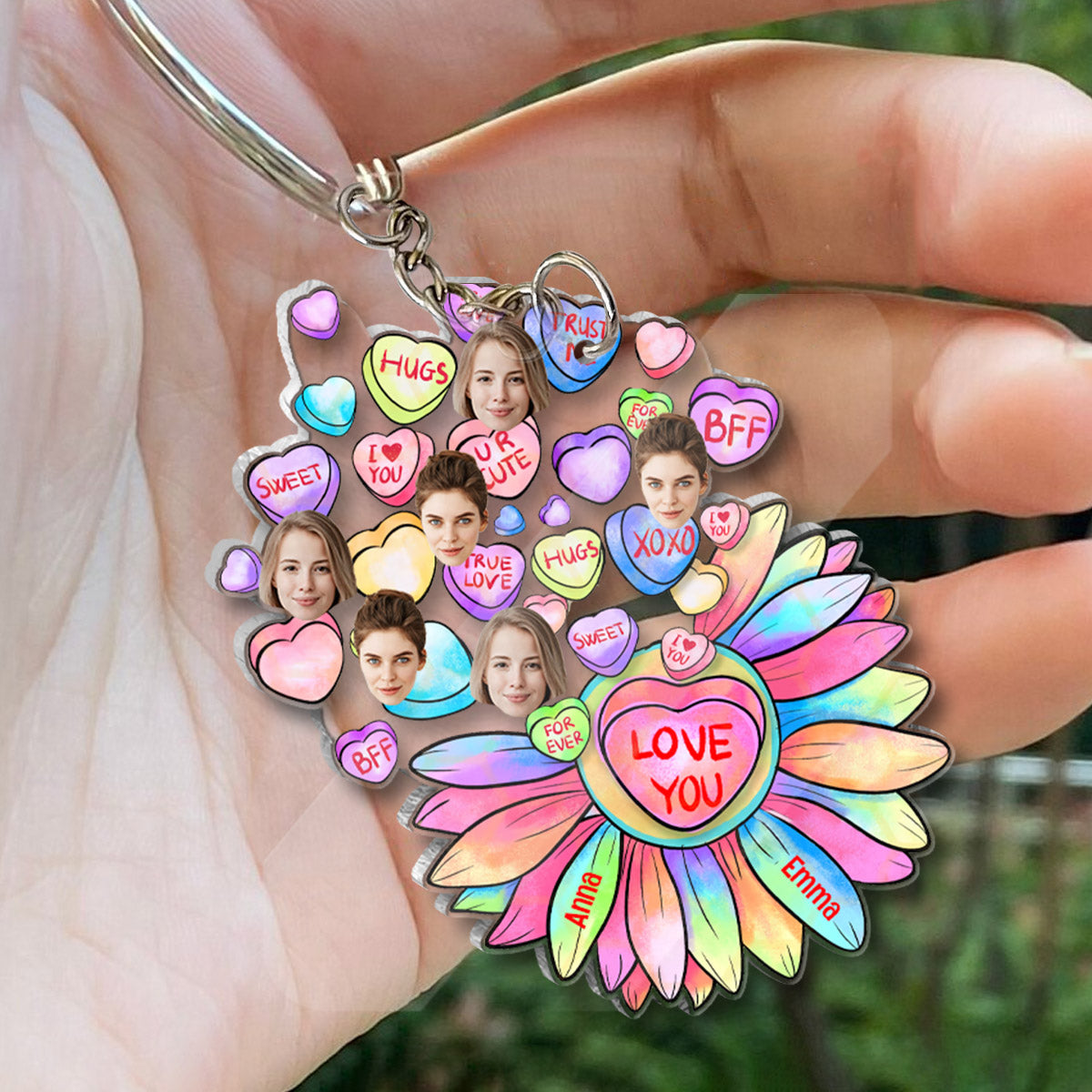 Heart Candy Flower BFF With Face Custom - Personalized Bestie Transparent Keychain