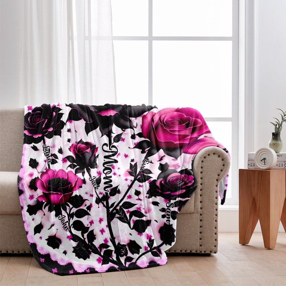 Mother Grandma And Children Black And Pink Roses - Personalized Mother Blanket