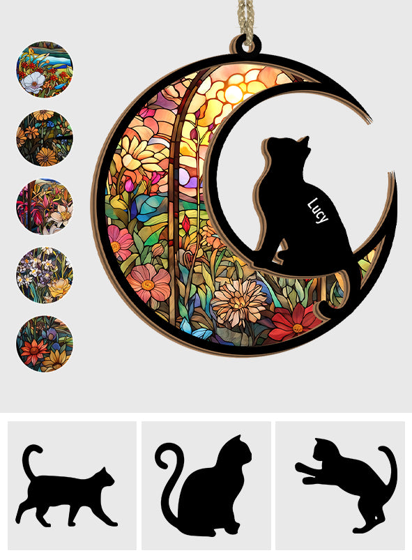 Katzen-Silhouette im Buntglas-Design – Personalisierter Katzen-Sonnenfänger