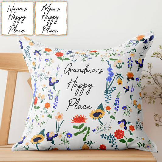 Any Title 's Happy Place Botanical Floral Style - Personalized Grandma Throw Pillow